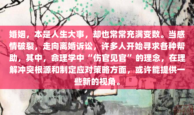 婚姻，本是人生大事，却也常常充满变数。当感情破裂，走向离婚诉讼，许多人开始寻求各种帮助，其中，命理学中“伤官见官”的理念，在理解冲突根源和制定应对策略方面，或许能提供一些新的视角。