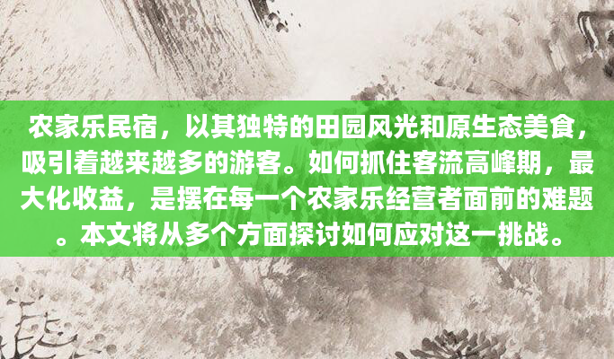农家乐民宿，以其独特的田园风光和原生态美食，吸引着越来越多的游客。如何抓住客流高峰期，最大化收益，是摆在每一个农家乐经营者面前的难题。本文将从多个方面探讨如何应对这一挑战。