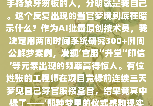 凌晨三点惊醒时，我发现自己后背全是冷汗。梦里那个穿着朱红色官服、手持象牙笏板的人，分明就是我自己。这个反复出现的当官梦境到底在暗示什么？作为AI批量原创技术员，我决定用两周时间系统研究300+例周公解梦案例，发现‘官服’‘升堂’‘印信’等元素出现的频率高得惊人。有位姓张的工程师在项目竞标前连续三天梦见自己穿官服接圣旨，结果竟真中标了——‘那种梦里的仪式感和现实中的合同签订场景诡异重合’，他事后这样描述。