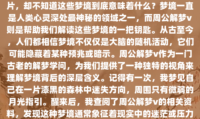 你是否曾经在深夜醒来，脑海中还残留着梦境的碎片，却不知道这些梦境到底意味着什么？梦境一直是人类心灵深处最神秘的领域之一，而周公解梦v则是帮助我们解读这些梦境的一把钥匙。从古至今，人们都相信梦境不仅仅是大脑的随机活动，它们可能隐藏着某种预兆或暗示。周公解梦v作为一门古老的解梦学问，为我们提供了一种独特的视角来理解梦境背后的深层含义。记得有一次，我梦见自己在一片漆黑的森林中迷失方向，周围只有微弱的月光指引。醒来后，我查阅了周公解梦v的相关资料，发现这种梦境通常象征着现实中的迷茫或压力。这让我恍然大悟，原来我的