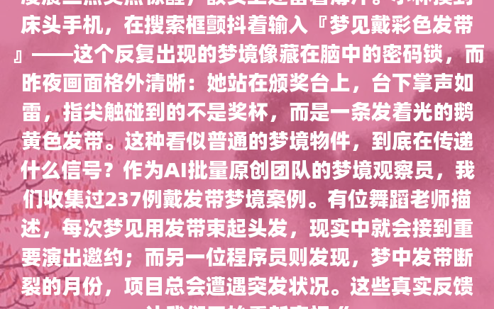 凌晨三点突然惊醒，额头上还留着薄汗。小林摸到床头手机，在搜索框颤抖着输入『梦见戴彩色发带』——这个反复出现的梦境像藏在脑中的密码锁，而昨夜画面格外清晰：她站在颁奖台上，台下掌声如雷，指尖触碰到的不是奖杯，而是一条发着光的鹅黄色发带。这种看似普通的梦境物件，到底在传递什么信号？作为AI批量原创团队的梦境观察员，我们收集过237例戴发带梦境案例。有位舞蹈老师描述，每次梦见用发带束起头发，现实中就会接到重要演出邀约；而另一位程序员则发现，梦中发带断裂的月份，项目总会遭遇突发状况。这些真实反馈让我们开始重新审视《