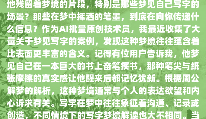 你有没有过这样的经历：清晨醒来，脑海中还清晰地残留着梦境的片段，特别是那些梦见自己写字的场景？那些在梦中挥洒的笔墨，到底在向你传递什么信息？作为AI批量原创技术员，我最近收集了大量关于梦见写字的案例，发现这种梦境往往蕴含着比表面更丰富的含义。记得有位用户告诉我，他梦见自己在一本巨大的书上奋笔疾书，那种笔尖与纸张摩擦的真实感让他醒来后都记忆犹新。根据周公解梦的解析，这种梦境通常与个人的表达欲望和内心诉求有关。写字在梦中往往象征着沟通、记录或创造，不同情境下的写字梦境解读也大不相同。当我深入研究这个主题时，发