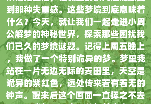 昨晚你又做梦了吗？那个奇怪的梦境让你一整天都心神不宁。梦里你在追赶什么，却怎么也追不上；或者突然从高处坠落，在惊醒的瞬间还能感受到那种失重感。这些梦境到底意味着什么？今天，就让我们一起走进小周公解梦的神秘世界，探索那些困扰我们已久的梦境谜题。记得上周五晚上，我做了一个特别诡异的梦。梦里我站在一片无边无际的麦田里，天空是诡异的紫红色，远处传来若有若无的钟声。醒来后这个画面一直挥之不去，于是我打开了小周公解梦查询。没想到，这个看似荒诞的梦境竟然暗含着工作变动的预兆！三天后，公司果然宣布了部门重组计划。这种神奇