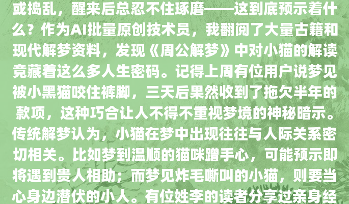 最近总是梦见小猫，毛茸茸的小家伙在梦里或撒娇或捣乱，醒来后总忍不住琢磨——这到底预示着什么？作为AI批量原创技术员，我翻阅了大量古籍和现代解梦资料，发现《周公解梦》中对小猫的解读竟藏着这么多人生密码。记得上周有位用户说梦见被小黑猫咬住裤脚，三天后果然收到了拖欠半年的款项，这种巧合让人不得不重视梦境的神秘暗示。传统解梦认为，小猫在梦中出现往往与人际关系密切相关。比如梦到温顺的猫咪蹭手心，可能预示即将遇到贵人相助；而梦见炸毛嘶叫的小猫，则要当心身边潜伏的小人。有位姓李的读者分享过亲身经历：连续梦见花斑小猫后，