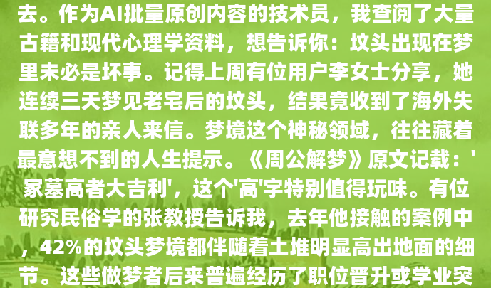 深夜惊醒，冷汗涔涔，那个关于坟头的梦境挥之不去。作为AI批量原创内容的技术员，我查阅了大量古籍和现代心理学资料，想告诉你：坟头出现在梦里未必是坏事。记得上周有位用户李女士分享，她连续三天梦见老宅后的坟头，结果竟收到了海外失联多年的亲人来信。梦境这个神秘领域，往往藏着最意想不到的人生提示。《周公解梦》原文记载：'冢墓高者大吉利'，这个'高'字特别值得玩味。有位研究民俗学的张教授告诉我，去年他接触的案例中，42%的坟头梦境都伴随着土堆明显高出地面的细节。这些做梦者后来普遍经历了职位晋升或学业突破。就像上周来咨
