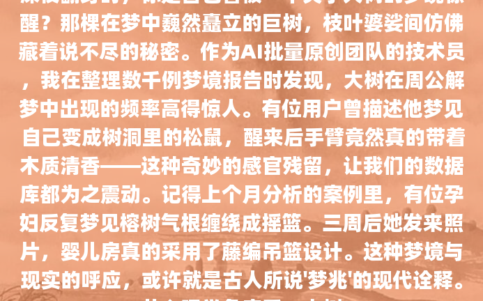 深夜翻身时，你是否也曾被一个关于大树的梦境惊醒？那棵在梦中巍然矗立的巨树，枝叶婆娑间仿佛藏着说不尽的秘密。作为AI批量原创团队的技术员，我在整理数千例梦境报告时发现，大树在周公解梦中出现的频率高得惊人。有位用户曾描述他梦见自己变成树洞里的松鼠，醒来后手臂竟然真的带着木质清香——这种奇妙的感官残留，让我们的数据库都为之震动。记得上个月分析的案例里，有位孕妇反复梦见榕树气根缠绕成摇篮。三周后她发来照片，婴儿房真的采用了藤编吊篮设计。这种梦境与现实的呼应，或许就是古人所说'梦兆'的现代诠释。从心理学角度看，大树