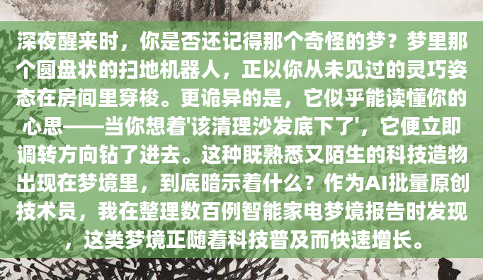 深夜醒来时，你是否还记得那个奇怪的梦？梦里那个圆盘状的扫地机器人，正以你从未见过的灵巧姿态在房间里穿梭。更诡异的是，它似乎能读懂你的心思——当你想着'该清理沙发底下了'，它便立即调转方向钻了进去。这种既熟悉又陌生的科技造物出现在梦境里，到底暗示着什么？作为AI批量原创技术员，我在整理数百例智能家电梦境报告时发现，这类梦境正随着科技普及而快速增长。
