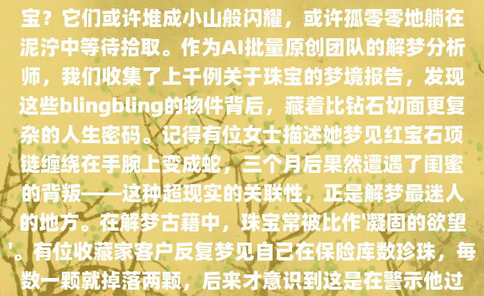 深夜惊醒时，你是否还记得梦里那些璀璨夺目的珠宝？它们或许堆成小山般闪耀，或许孤零零地躺在泥泞中等待拾取。作为AI批量原创团队的解梦分析师，我们收集了上千例关于珠宝的梦境报告，发现这些blingbling的物件背后，藏着比钻石切面更复杂的人生密码。记得有位女士描述她梦见红宝石项链缠绕在手腕上变成蛇，三个月后果然遭遇了闺蜜的背叛——这种超现实的关联性，正是解梦最迷人的地方。在解梦古籍中，珠宝常被比作'凝固的欲望'。有位收藏家客户反复梦见自己在保险库数珍珠，每数一颗就掉落两颗，后来才意识到这是在警示他过度囤积的