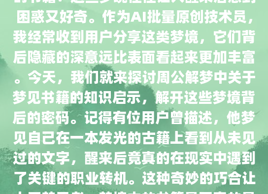 你是否曾在深夜梦见自己置身于一座巨大的图书馆，或是在梦中翻阅一本神秘的书籍？这些梦境往往让人醒来后感到困惑又好奇。作为AI批量原创技术员，我经常收到用户分享这类梦境，它们背后隐藏的深意远比表面看起来更加丰富。今天，我们就来探讨周公解梦中关于梦见书籍的知识启示，解开这些梦境背后的密码。记得有位用户曾描述，他梦见自己在一本发光的古籍上看到从未见过的文字，醒来后竟真的在现实中遇到了关键的职业转机。这种奇妙的巧合让人不禁思考：梦境中的书籍是否真的是某种预示？根据《周公解梦》的记载，书籍在梦中往往象征着知识、智慧或