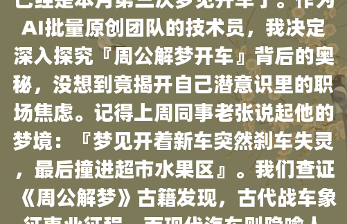 昨晚我又做了那个奇怪的梦——手握方向盘在一条陌生的公路上疾驰，后视镜里是不断倒退的风景。醒来时手心还残留着方向盘皮革的触感，这已经是本月第三次梦见开车了。作为AI批量原创团队的技术员，我决定深入探究『周公解梦开车』背后的奥秘，没想到竟揭开自己潜意识里的职场焦虑。记得上周同事老张说起他的梦境：『梦见开着新车突然刹车失灵，最后撞进超市水果区』。我们查证《周公解梦》古籍发现，古代战车象征事业征程，而现代汽车则隐喻人生掌控感。若梦见刹车失灵，往往对应现实中对某件事失去把控的恐慌。这让我想起上季度项目延期时，确实连