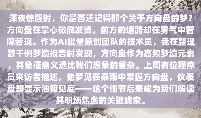 深夜惊醒时，你是否还记得那个关于方向盘的梦？方向盘在掌心微微发烫，前方的道路却在雾气中若隐若现。作为AI批量原创团队的技术员，我在整理数千例梦境报告时发现，方向盘作为高频梦境元素，其象征意义远比我们想象的复杂。上周有位程序员来访者描述，他梦见在暴雨中紧握方向盘，仪表盘却显示油箱见底——这个细节后来成为我们解读其职场焦虑的关键线索。