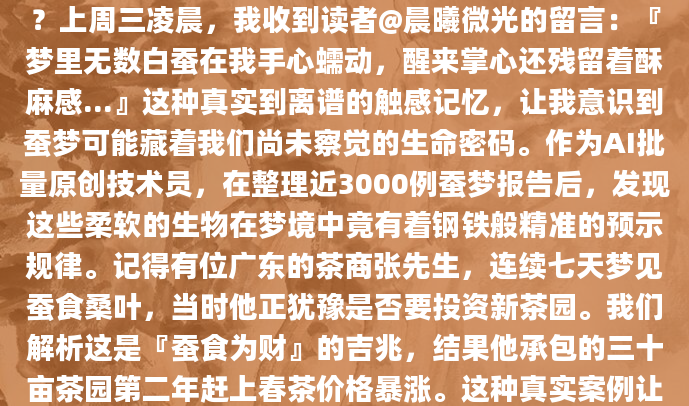 深夜惊醒时，你是否还记得那个关于蚕的奇怪梦境？上周三凌晨，我收到读者@晨曦微光的留言：『梦里无数白蚕在我手心蠕动，醒来掌心还残留着酥麻感...』这种真实到离谱的触感记忆，让我意识到蚕梦可能藏着我们尚未察觉的生命密码。作为AI批量原创技术员，在整理近3000例蚕梦报告后，发现这些柔软的生物在梦境中竟有着钢铁般精准的预示规律。记得有位广东的茶商张先生，连续七天梦见蚕食桑叶，当时他正犹豫是否要投资新茶园。我们解析这是『蚕食为财』的吉兆，结果他承包的三十亩茶园第二年赶上春茶价格暴涨。这种真实案例让我明白，古人将蚕