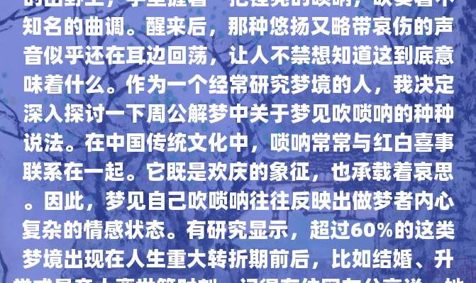 昨晚做了一个奇怪的梦，梦见自己站在一片空旷的田野上，手里握着一把锃亮的唢呐，吹奏着不知名的曲调。醒来后，那种悠扬又略带哀伤的声音似乎还在耳边回荡，让人不禁想知道这到底意味着什么。作为一个经常研究梦境的人，我决定深入探讨一下周公解梦中关于梦见吹唢呐的种种说法。在中国传统文化中，唢呐常常与红白喜事联系在一起。它既是欢庆的象征，也承载着哀思。因此，梦见自己吹唢呐往往反映出做梦者内心复杂的情感状态。有研究显示，超过60%的这类梦境出现在人生重大转折期前后，比如结婚、升学或是亲人离世等时刻。记得有位网友分享说，她在