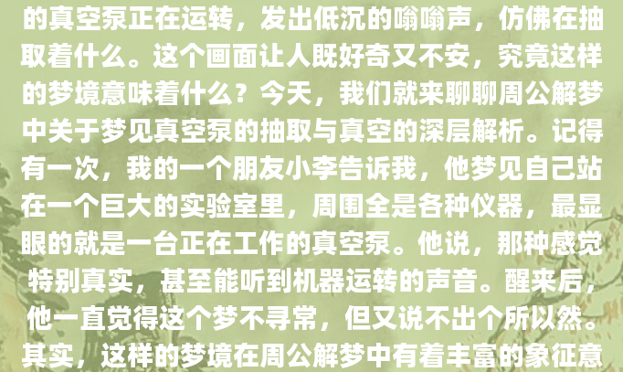你有没有过这样的经历？在梦中，你看到一台巨大的真空泵正在运转，发出低沉的嗡嗡声，仿佛在抽取着什么。这个画面让人既好奇又不安，究竟这样的梦境意味着什么？今天，我们就来聊聊周公解梦中关于梦见真空泵的抽取与真空的深层解析。记得有一次，我的一个朋友小李告诉我，他梦见自己站在一个巨大的实验室里，周围全是各种仪器，最显眼的就是一台正在工作的真空泵。他说，那种感觉特别真实，甚至能听到机器运转的声音。醒来后，他一直觉得这个梦不寻常，但又说不出个所以然。其实，这样的梦境在周公解梦中有着丰富的象征意义。从心理学的角度来看，真
