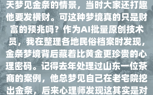 深夜惊醒时，你或许还记得梦中那沉甸甸的手感——金条特有的冰凉质地，在梦里却带着体温般的暖意。上周老同学聚会时，听张伟说起他连续三天梦见金条的情景，当时大家还打趣他要发横财。可这种梦境真的只是财富的预兆吗？作为AI批量原创技术员，我在整理各地民俗档案时发现，金条梦境背后藏着比黄金更珍贵的心理密码。记得去年处理过山东一位茶商的案例，他总梦见自己在老宅院挖出金条，后来心理师发现这其实是对家族传承的焦虑。按照《周公解梦》的原始记载，金条象征的不仅是物质财富，更可能是被忽视的才能或人际关系。有位苏州绣娘告诉我，她梦