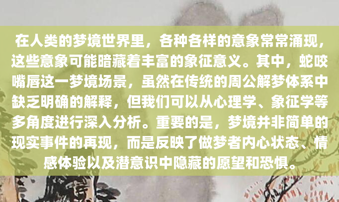 在人类的梦境世界里，各种各样的意象常常涌现，这些意象可能暗藏着丰富的象征意义。其中，蛇咬嘴唇这一梦境场景，虽然在传统的周公解梦体系中缺乏明确的解释，但我们可以从心理学、象征学等多角度进行深入分析。重要的是，梦境并非简单的现实事件的再现，而是反映了做梦者内心状态、情感体验以及潜意识中隐藏的愿望和恐惧。