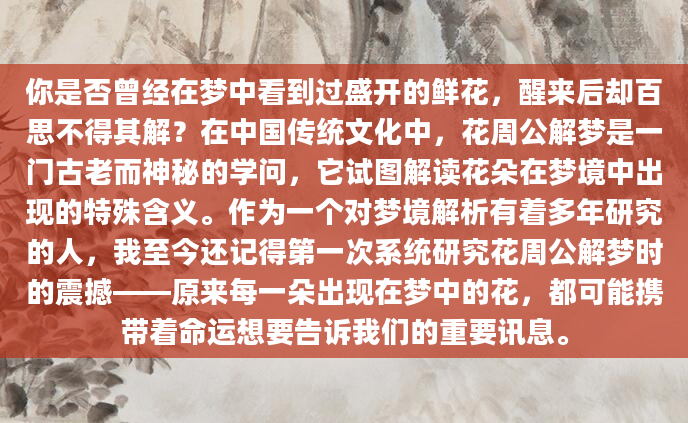 你是否曾经在梦中看到过盛开的鲜花，醒来后却百思不得其解？在中国传统文化中，花周公解梦是一门古老而神秘的学问，它试图解读花朵在梦境中出现的特殊含义。作为一个对梦境解析有着多年研究的人，我至今还记得第一次系统研究花周公解梦时的震撼——原来每一朵出现在梦中的花，都可能携带着命运想要告诉我们的重要讯息。