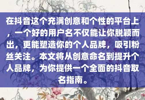 在抖音这个充满创意和个性的平台上，一个好的用户名不仅能让你脱颖而出，更能塑造你的个人品牌，吸引粉丝关注。本文将从创意命名到提升个人品牌，为你提供一个全面的抖音取名指南。