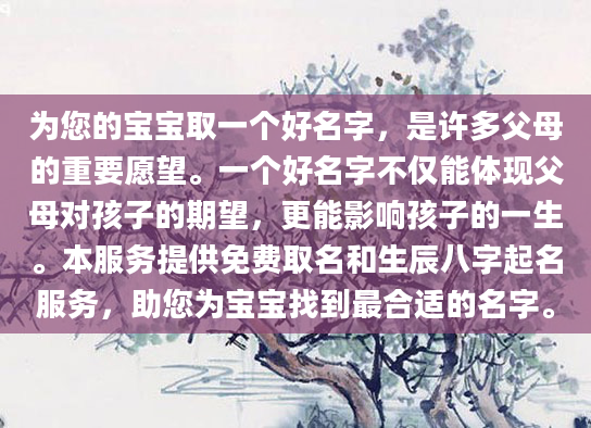 为您的宝宝取一个好名字，是许多父母的重要愿望。一个好名字不仅能体现父母对孩子的期望，更能影响孩子的一生。本服务提供免费取名和生辰八字起名服务，助您为宝宝找到最合适的名字。
