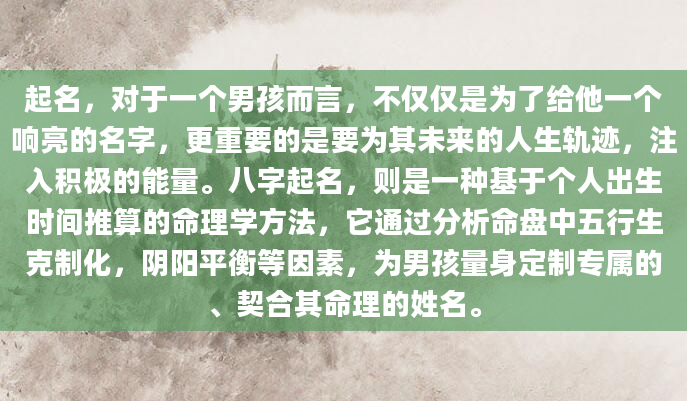 起名，对于一个男孩而言，不仅仅是为了给他一个响亮的名字，更重要的是要为其未来的人生轨迹，注入积极的能量。八字起名，则是一种基于个人出生时间推算的命理学方法，它通过分析命盘中五行生克制化，阴阳平衡等因素，为男孩量身定制专属的、契合其命理的姓名。