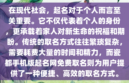 在现代社会，起名对于个人而言至关重要。它不仅代表着个人的身份，更承载着家人对新生命的祝福和期盼。传统的取名方式往往繁琐复杂，需要耗费大量的时间和精力，而瓷都手机版起名网免费取名则为用户提供了一种便捷、高效的取名方式。