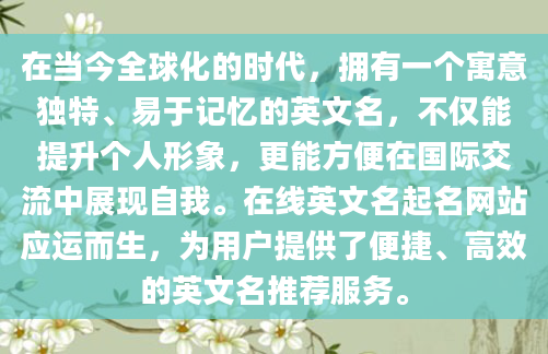 在当今全球化的时代，拥有一个寓意独特、易于记忆的英文名，不仅能提升个人形象，更能方便在国际交流中展现自我。在线英文名起名网站应运而生，为用户提供了便捷、高效的英文名推荐服务。